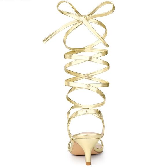 Strappy Lace Up Slingback Kitten Heel Sandals Gold - Picture 3 of 6